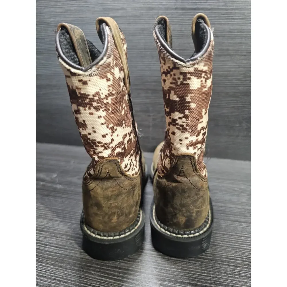 Old West Kids Cowboy Boots Brown Camo Leather Square Toe Size 11 D